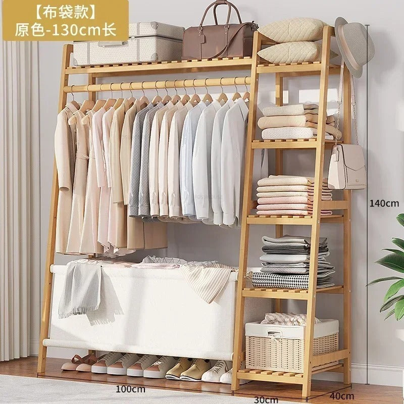Wooden Floor-standing Wardrobes Storage Locker Home Bedroom Furniture Coat Rack Clothes Organizer with Drawer Modern