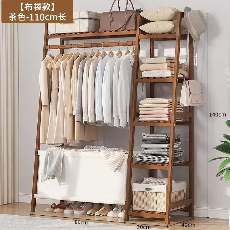 Wooden Floor-standing Wardrobes Storage Locker Home Bedroom Furniture Coat Rack Clothes Organizer with Drawer Modern
